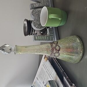 13 "h green crackle glass decanter with crystal topper, silver accent ar…